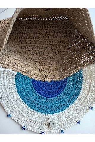 Elmundo Butik Kağıt İp El Yapımı Nazar Boncuğu Clutch Çanta Bej - Mavi -beyaz