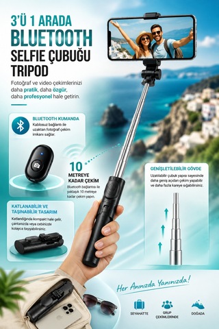 Concord 3'ü 1 Arada Bluetooth Selfie Çubuğu Tripod Kumandalı Telefon Tutucu Monopod 360 Döner Siyah