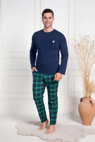 Mecit 3051 Erkek Lacivert Ekoseli Büyük Beden Pijama Takımı Lacivert