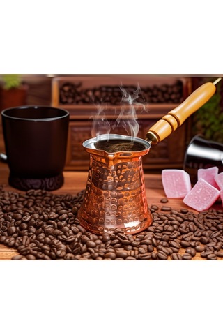 Ludıa Ahşap Saplı El Yapımı Dövme Bakır Cezve No3 Kahve Cezvesi