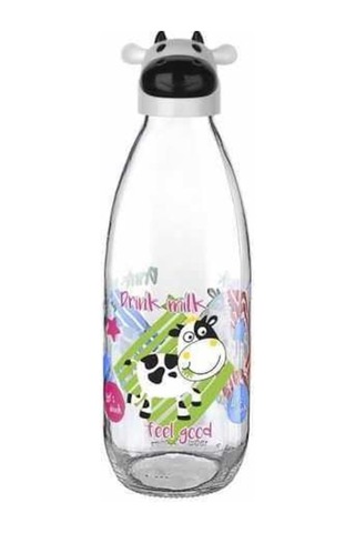 Inek Tasarımlı Sevimli Cam Suluk - Süt Şişesi 1000  Ml