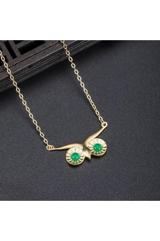 925 Ayar Gümüş Kadın Baykuş Kolye Kolye El Yapımı Yeşil Yeşim Gözler Kolye Çin Tarzı Vintage Takı Kolyeler Altın - Gümüş