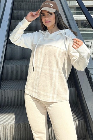 WeShaya Kadın Bej Ekose Garnili, Rahat Kesim, Kapüşonlu İki İplik Sweatshirt Bej