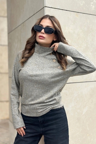 Kadın Bej Kendinden Desenli, Yumoş Kumaş, Uzun Kol, Düğme Detaylı, Boğazlı Bluz Bej