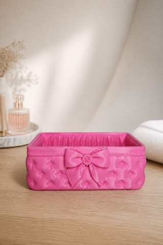 Fiyonk Detaylı Takı Ve Makyaj Organizer Kutusu Modern Masaüstü Düzenleyici Pembe