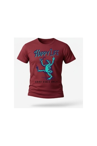 Urbantrendstore Unisex Yeşil Kurbağa Desenli Oversize Fit Rahat Geniş Salaş T-shirt Günlük Tişört Bordo