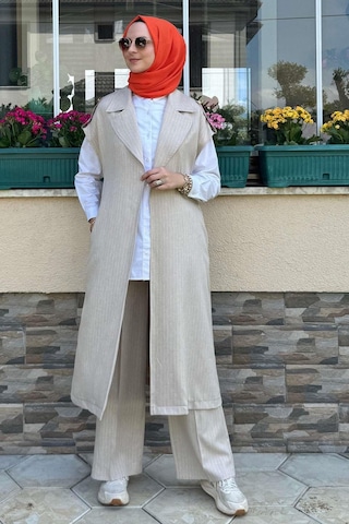 Apoletli Çizgili Takım Bej Çok Renkli