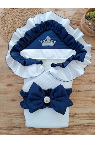 Yenidoğan Mehtap Lüks Kelebek Taç Nakışlı Bebek Battaniyesi Kundak Lacivert Çok Renkli