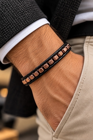 %100 Deri Ve Hematit Kombinli Erkek Bileklik Boyut Net 21 Cm Türk El Üretimi Rose Gold