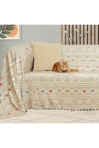 Latuda Concept Softmicro Boho Etnik Desenli Mikrofiber Koltuk Örtüsü Ve Şalı, Kaymaz Bej 180x300 Cm Genel