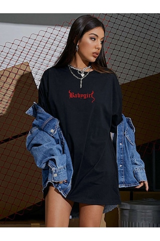 Kadın Siyah Oversiz Baby Girl Baskılı Örme T-shirt Siyah