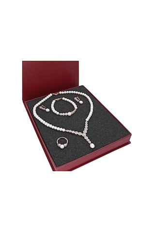 Chavin Rose Inci Gümüş Kolye Küpe Bileklik Yüzük Takım Set Dz42