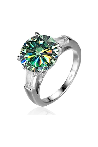 Bagueringen Lüks Büyük 5 Karat Mozanit Pırlanta Yüzük Gümüş 925 Takı Klasik Dört Pençe Tasarım Kadın Alyans Mavi - Yeşil 7.25