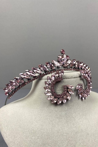 FdayAksesuar En Güzel Gelinlere Pembe İnce İlayda Model Gelin Tacı Ve Yuvarlak Taşlı Küpe Takımı FRDY30116
