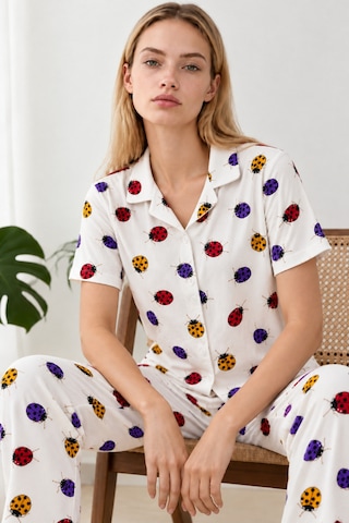 Womanandkids Night Beyaz Kadın Desenli Kısa Kollu Pijama Takımı 4828