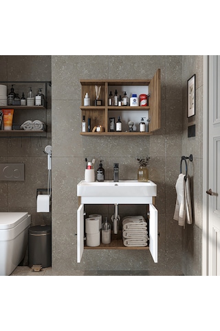 Lavabolu Mat Suntalam 60 Cm Banyo Dolabı + Aynalı Üst Dolabı Atlantik Çam - Beyaz