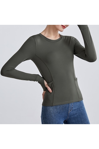 Jeemson Kadın Yoga Üstü - Rahat Nefes Alabilen Uzun Kollu Spor Tişört Ordu Yeşili
