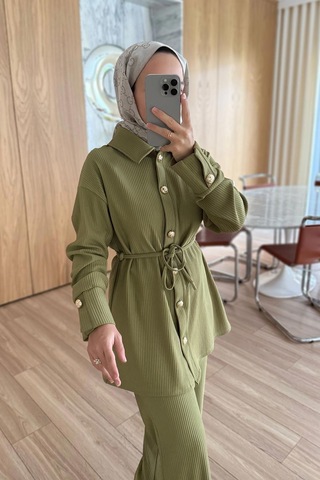 Gold Düğme Detaylı Fitilli Takım - Yağ Yeşili Yağ Yeşili