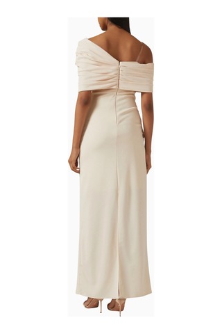 Ac By Aanchal Chanda Off - Shoulder Rose Drape Gül Drapeli Omuz Dekolteli Uzun Kadın Elbise Bej