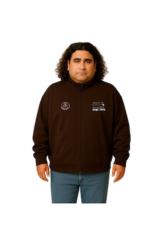 Erkek Büyük Beden 122-158 Kilo Arası İçin Uygun Pamuklu Geniş Kalıp Dik Yaka Fermuarlı Sweat Mont Kahve