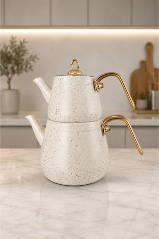 Gold Metal Kulplu Granit Kaplama Bej Çaydanlık Seti 2.1 Litre - 1.1 Litre Bej