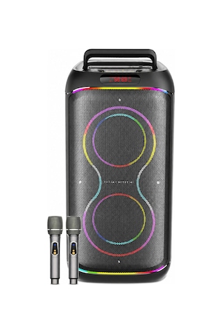 Bts-2255 110w Rbg Işıklı Çift Kablosuz Mikrofonlu Taşinabilir Bluetooth Karaoke Premium Parti Hopörlörü