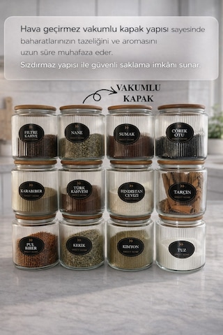 Etiketli, Vakumlu Kapaklı Ve Kaşıklı 12'li Lüx Baharat Takımı Şeffaf
