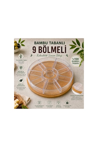 %100 Bambu Tabanlı 9 Bölmeli Çerezlik, Atıştırmalık Sunum Tabağı- Şeffaf Plastik Bölmeli Ve Plastik Kapaklı Bej