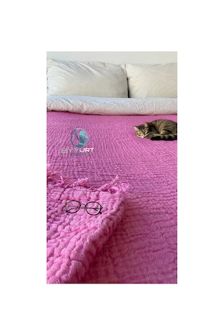 %100 Pamuklu Tek Kişilik Müslin Pike Fuşya Pembe