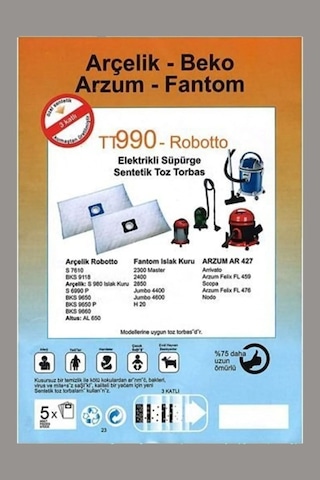 Arçelik Uyumlu S 7610 Robotto Süpürge Toz Torbası Bez 5 Adet