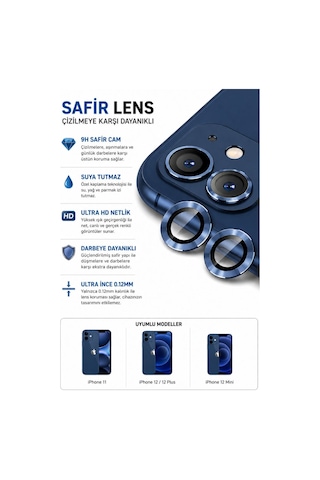 Apple iPhone Uyumlu 11 / 12 / 12 Mini Koyu Mavi Metal Kamera Lens Koruyucu Safir Cam Ultra Net Hd