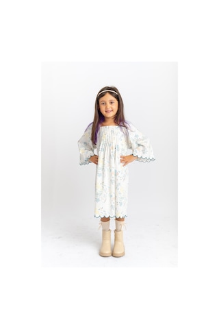 Oliventhekid Dilim Nakışlı Poplin Kız Çocuk Elbise Ekru