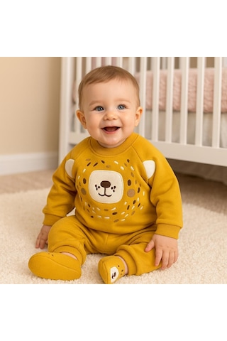 Şirin Bear Surat Panduflu Kışlık 2 Parça Takım Sari