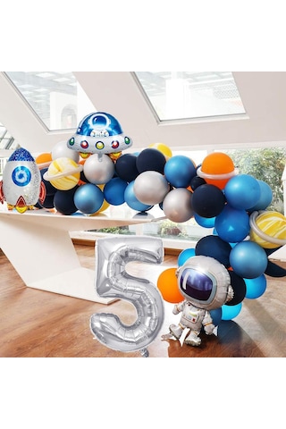 Uzay Temalı Doğum Günü Seti 5 Yaş ; 4 Adet Folyo Balon, 60 Adet Lateks Balon, Banner, Balon Zinciri ve Balon Bandı