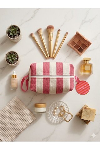 Faralyalife Çizgili Fermuarlı Taşıma Kulplu Makyaj Çantası 20x20 Cm %70 Pamuk %30 Polyester Kozmetik Kadın Makyaj Çantası