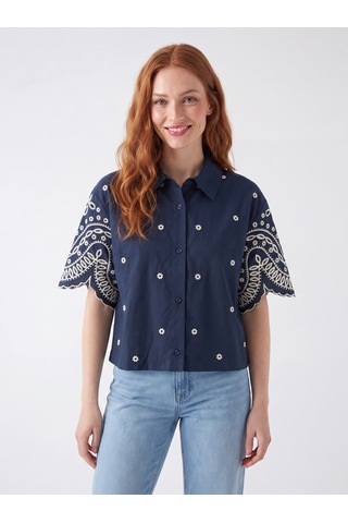 Pulchrani Lacivert Broderie Anglaise Gömlek Koyu Lacivert
