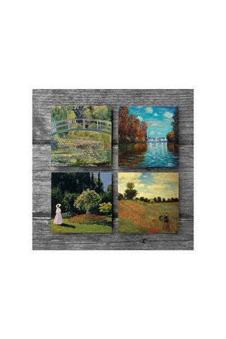 Claude Monet Sonbahar, Bahçedeki Kadın, Gelincikler, Nilüfer Gölü Taş Bardak Altlığı Seti - 4 Parça - Dekorati Çok Renkli