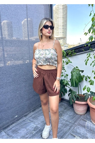 Desenli Crop Top ,kadın Bluz , Büstiyer , Pamuklu Crop Bluz Ekru