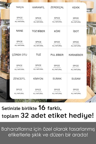 24'lü Bambu Kapaklı Cam Baharatlık Seti - Etiketli Tuzluk Biberlik Köşeli Baharat Takımı 120 Ml ŞEffaf