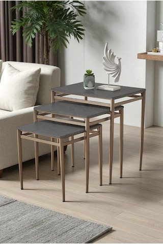 Damrin Serisi Traverten Desen 1. Sınıf Mebran Mdf 3 Lü Zigon Sehpa Takımı Gri Traverten Desen - Bronz Ayak