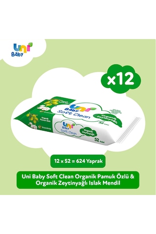 Uni Baby Soft Clean Organik Pamuk Özlü & Organik Zeytinyağlı Islak Mendil 12x52 Adet UNI-9108