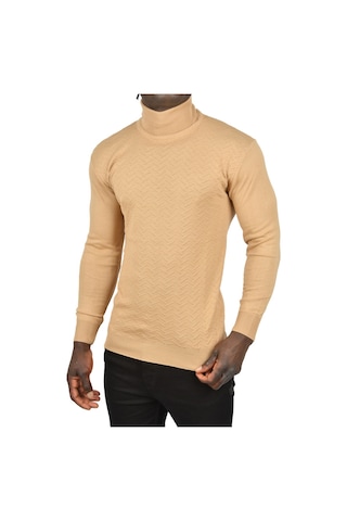 Deepsea Erkek Camel Zigzag Desenli Tam Balıkçı Yaka Dar Kesim Boğazlı Triko Kazak 2505497 Camel