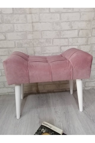 Pudra Rengi Puf Ahşap Beyaz Ayak Çima Dikiş Spor Modern Tasarım