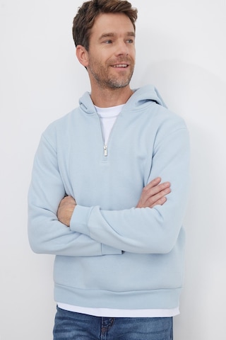 Tudors Unisex Relax Fit Rahat Kesim Pamuklu İçi Polarlı Yarım Fermuarlı Mavi Kapüşonlu Sweatshirt-37029