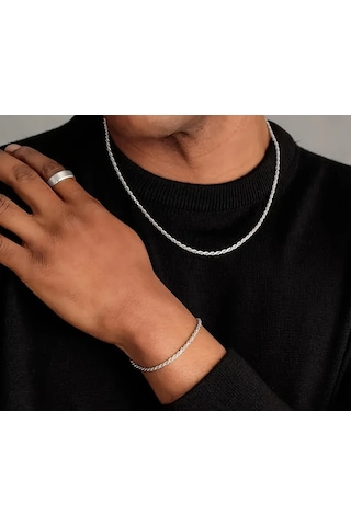 Çelik Takı Seti Bileklik Kolye İnce Burgu Zincir Model 3 Mm Kalınlık 17-55 Cm Uzunluk Gümüş Silver Gümüş