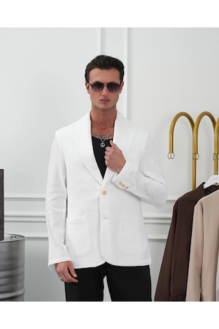 Modefendi %100 Pamuk Keten Modern Fit Keten Ceket Beyaz