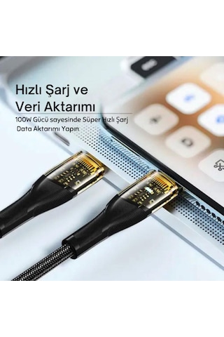 Essager 2 Metre Pd 100w Led Işıklı Süper Hızlı Type C To Type C Şarj Data Kablosu, Akım,ısı, Güçlü Kablo