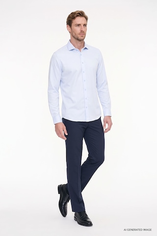 AC&Co / Altınyıldız Classics Erkek Mavi Kolay Ütülenebilir Slim Fit Dar Kesim İtalyan Yaka Armürlü Gömlek Mavi