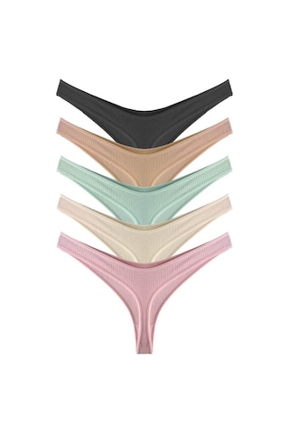 Kadın Pamuklu Ve Likrali Fitilli Kaşkorse Tanga Külot 5'li Paket Renkli-1 Çok Renkli