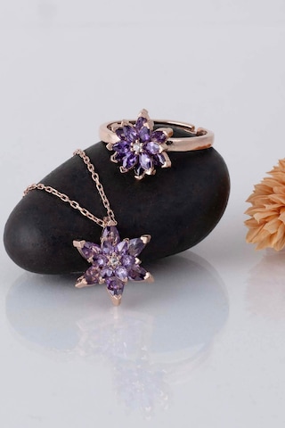 Gümüş Pazarım Ametist Taşlı Lotus Çiçeği Gümüş Kolye Yüzük Set 97381400